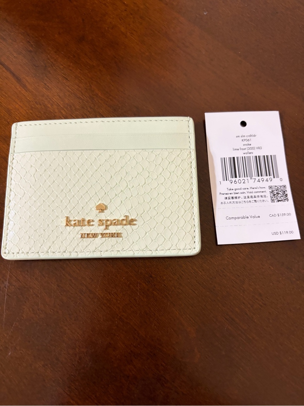 kate spade Lime Frost Snake Small Slim Card Holder MSRP $119
